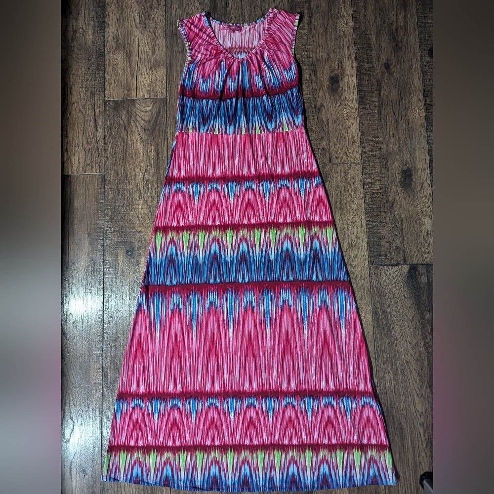 California Woman Bright Pink & Blue Striped Maxi Rayon Dress Size M Colorful